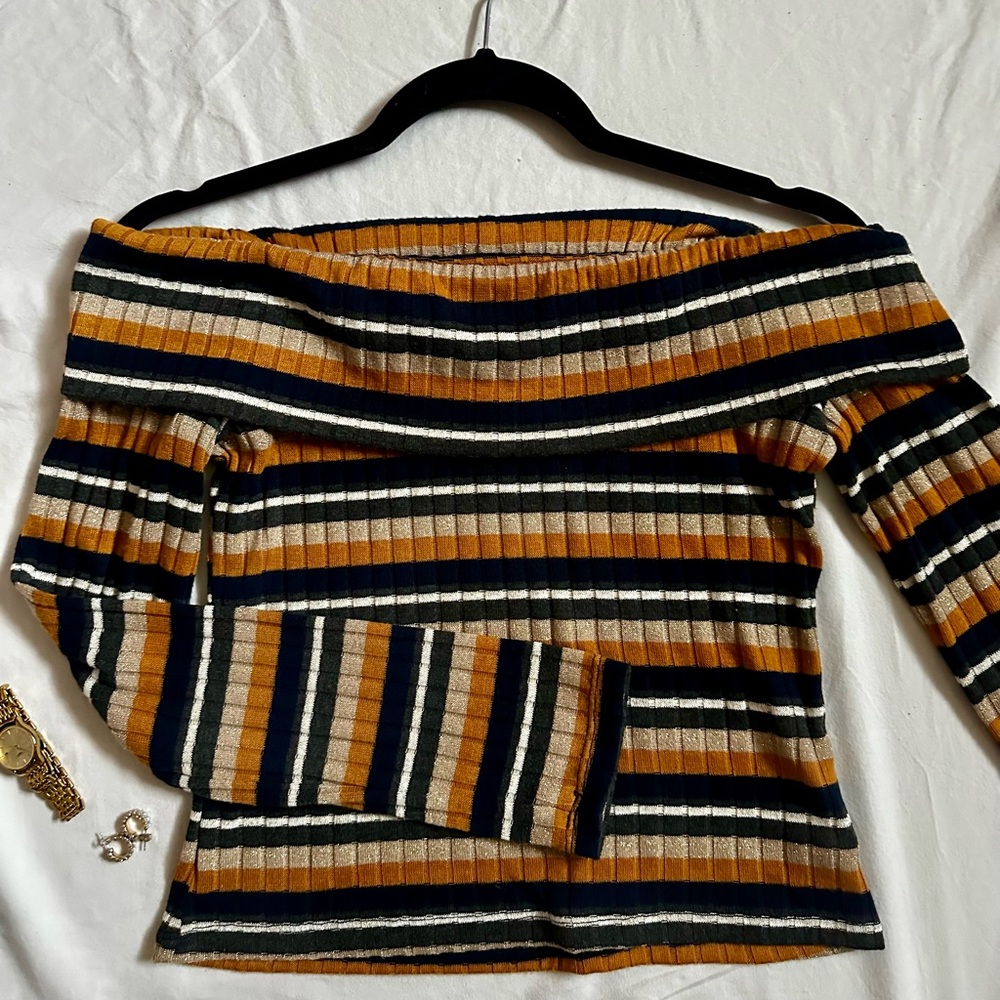 Off-The-Shoulder Ribbed Striped Shirt